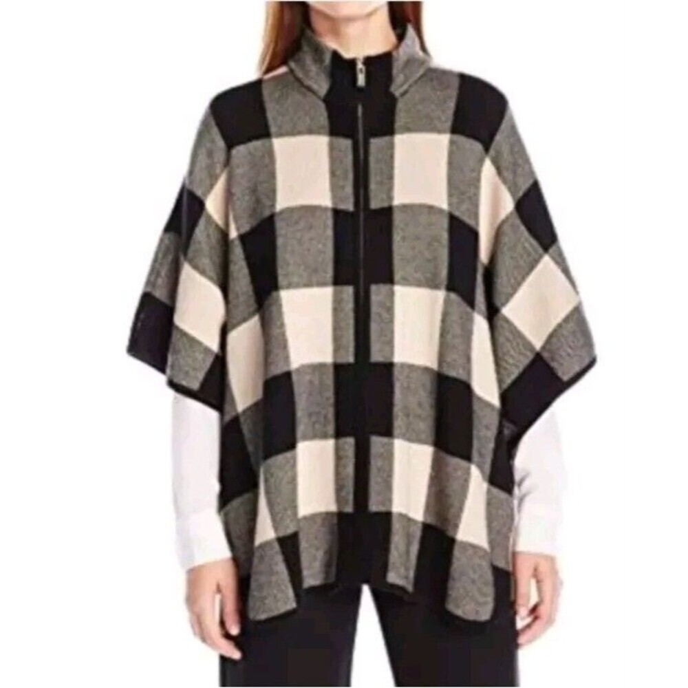 Jones New York Black Cream Buffalo Plaid Full Zip Poncho Size S/M